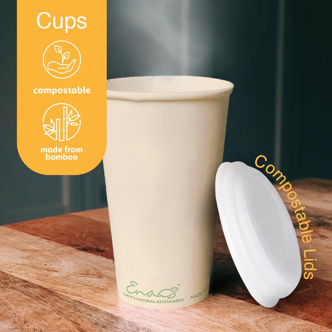 100% Compostable Disposable Coffee Cups with Lids [16oz 80 Set] Paper Cups Made from Unbleached Bamboo Fiber