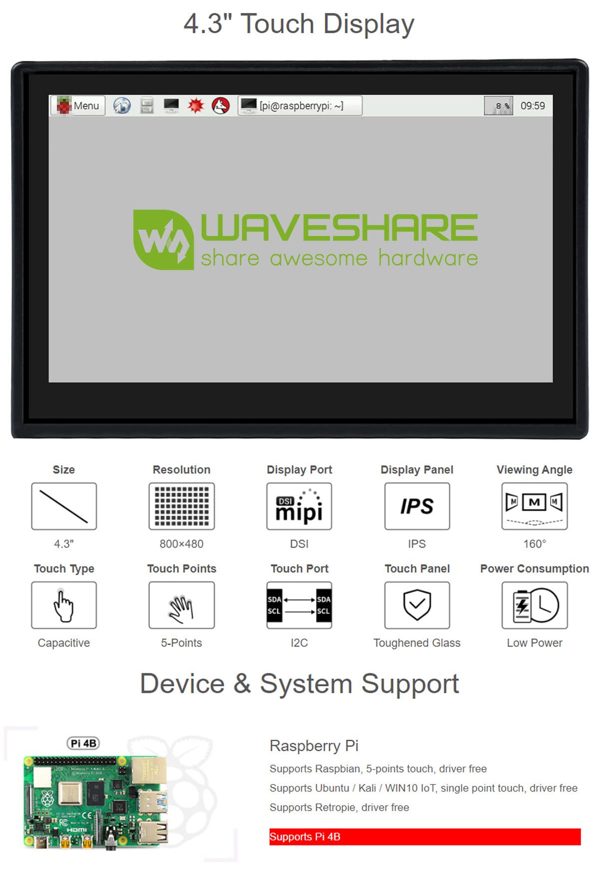 Waveshare 4.3inch Capacitive Touch Display Compatible with Raspberry Pi 4B Comes with Protection Case 800×480 Resolution IPS Wide Angle MIPI DSI Interface