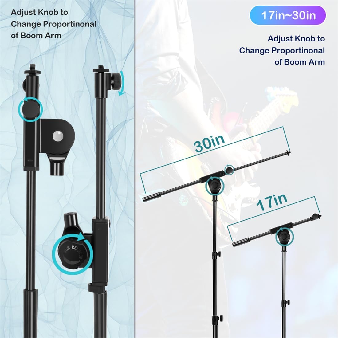 Microphone Stand Floor Foldable Mic Stand Heavy Duty Tripod Boom Arm with 2 Screws Adapter 2 Mic Clips 2 Foam Covers