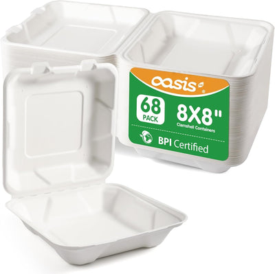 8x8 Inch 68 Pack Compostable Clamshell Take Out Food Containers, Disposable Paper To Go Boxes with Lids, Heavy Duty