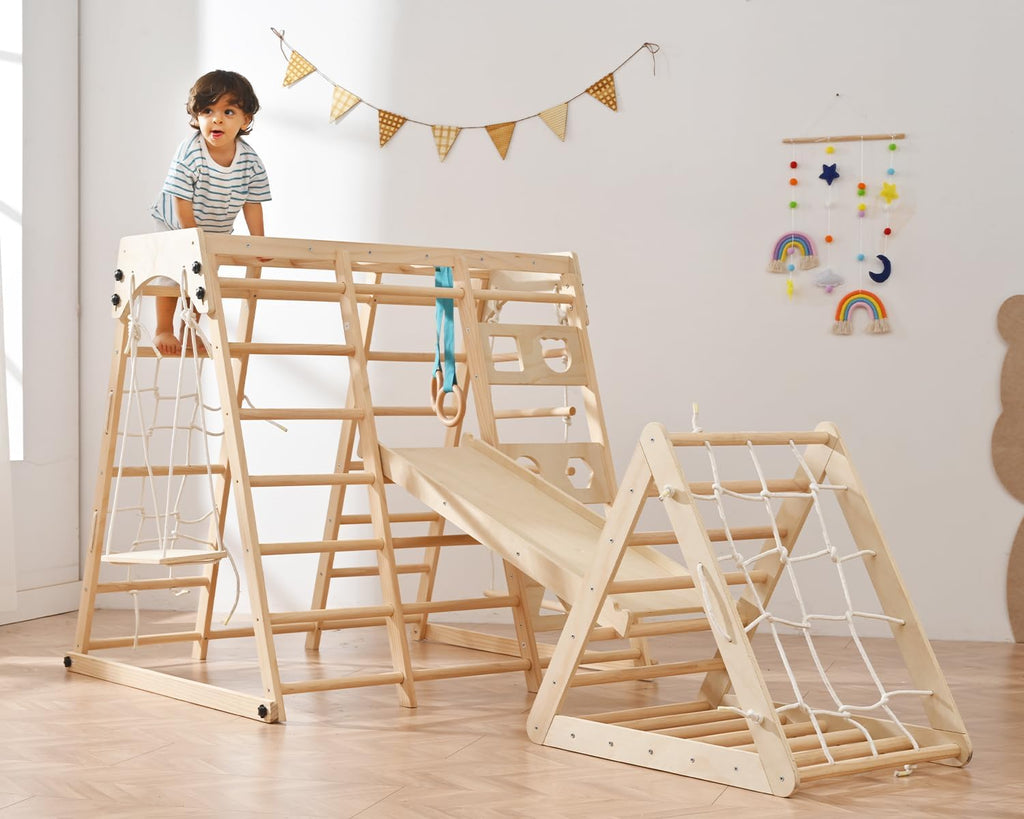 12-in-1 Toddler Playground - Foldable Kids Climbing Set with Slide, Rock/Net, Monkey Bars, Drawing Board, Swing and
