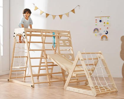 12-in-1 Toddler Playground - Foldable Kids Climbing Set with Slide, Rock/Net, Monkey Bars, Drawing Board, Swing and