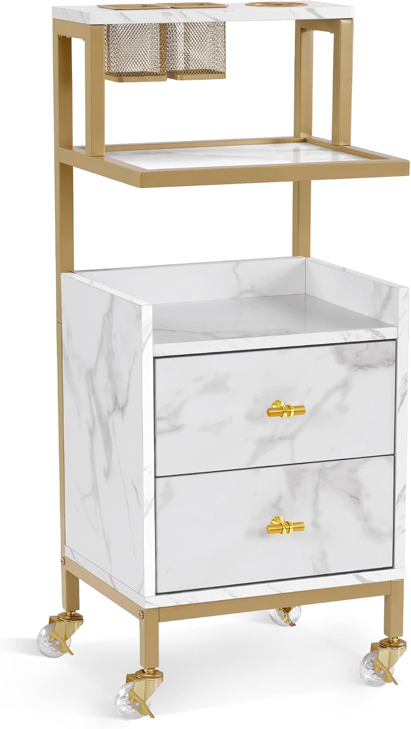 Salon Cart with Drawers, Barber Trolley 2084 (White Medium) | Rolling Salon Cart with Storage Drawers&Metal Tool