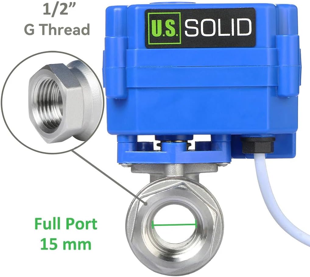 U.S. Solid Motorized Ball Valve- 1/2" NSF Certified 304SS Ball Valve with Full Port, 9-24V AC/DC and 2 Wire Auto Return Setup