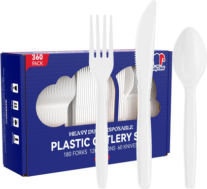 360 White Plastic Silverware, Utensils Set 180 Forks, 120 Spoons, 60 Knives
