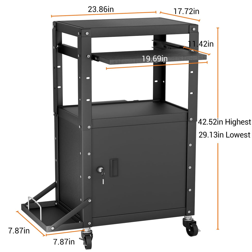 Mobile AV Cart with Side Shelves, Rolling Computer Cart Height Adjustable Rolling Media Utility Cart with Pullout