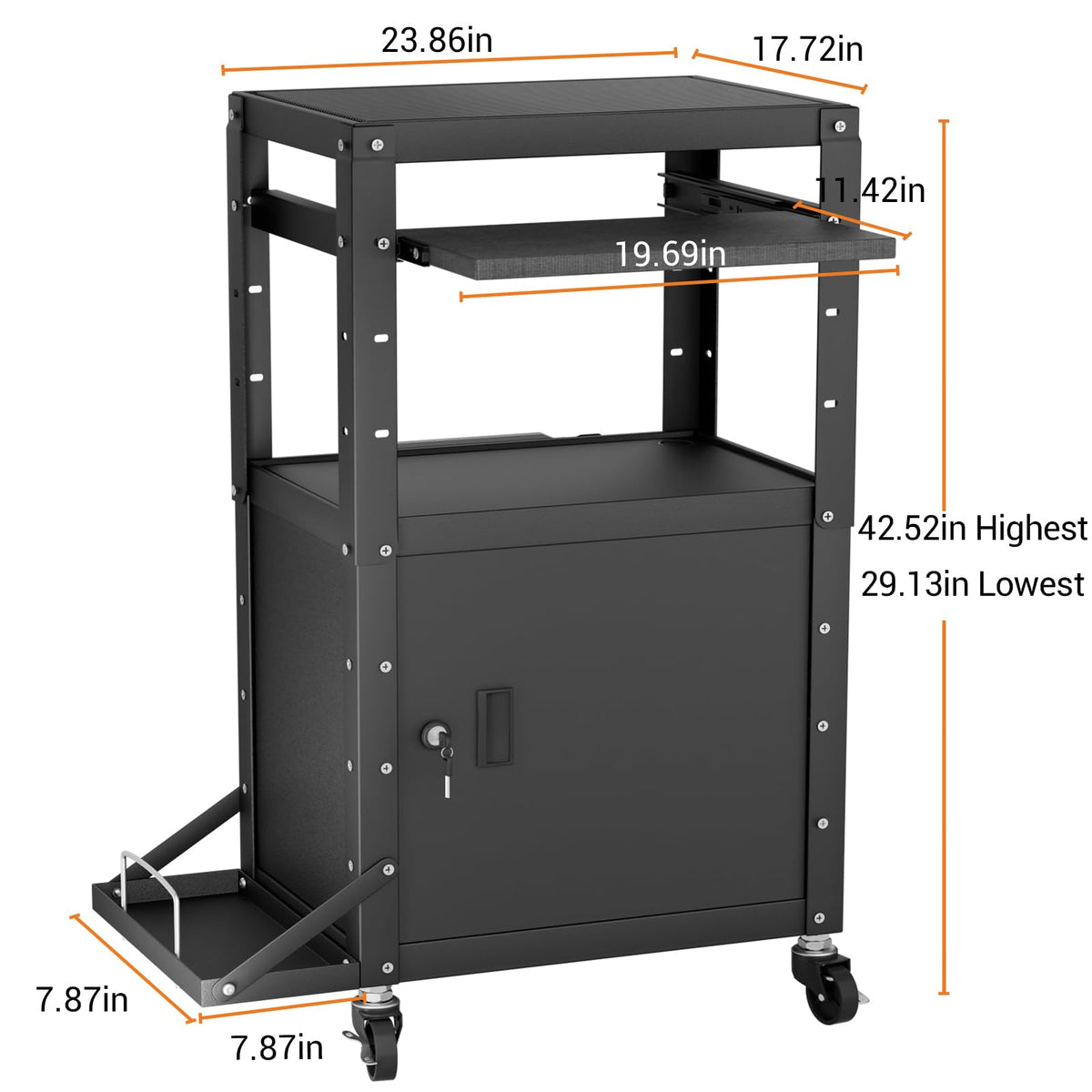 Mobile AV Cart with Side Shelves, Rolling Computer Cart Height Adjustable Rolling Media Utility Cart with Pullout