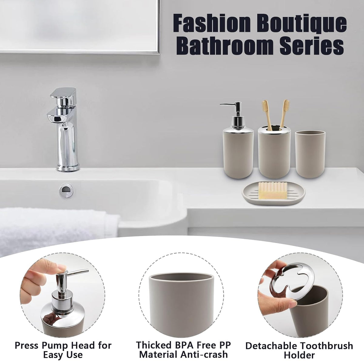 Bathroom Accessory Set, 4 pcs Shatter-Resistant Resin Bathroom Accessories Set Include Lotion Soap Dispenser