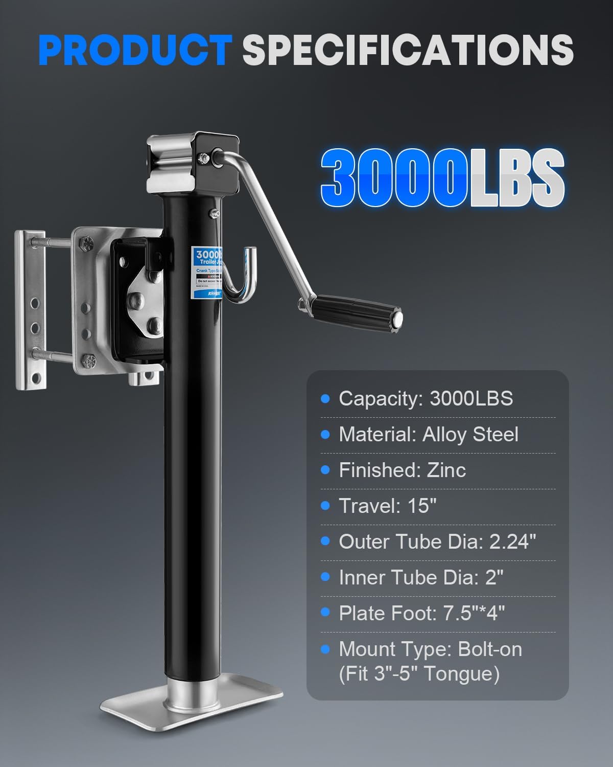 3000 lbs Trailer Jack, Heavy Duty Bolt-on, Low-Profile Small, Swivel