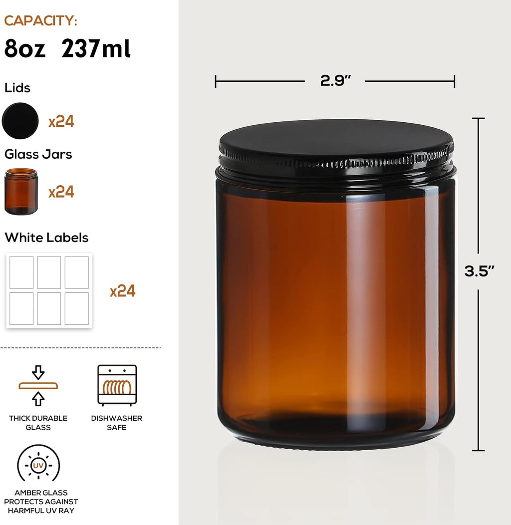 24 Pack, 8 OZ Thick Amber Candle Jars for Making Candle - Round Glass Jars with Lids - Empty Food Storage Containers