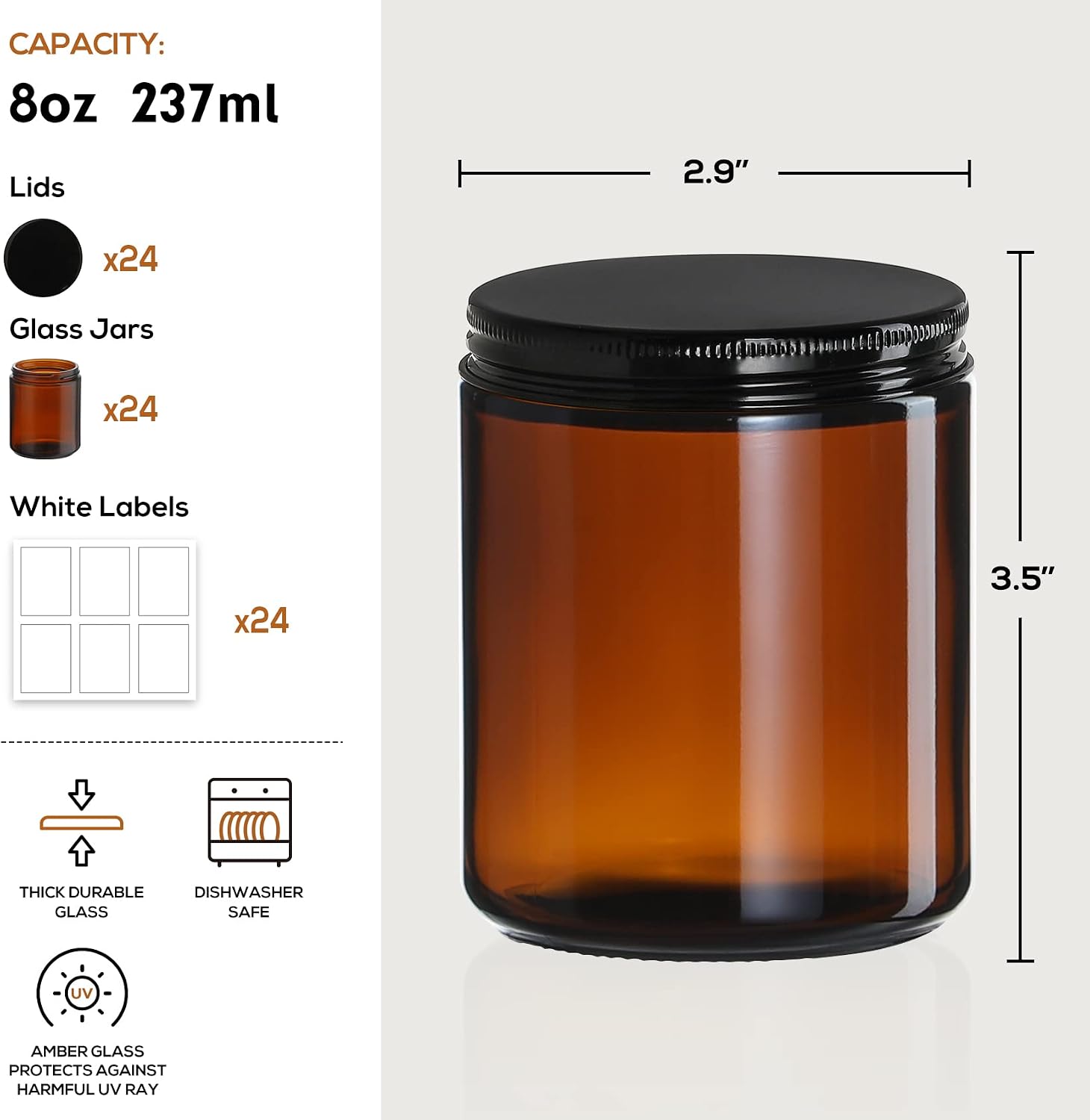 24 Pack, 8 OZ Thick Amber Candle Jars for Making Candle - Round Glass Jars with Lids - Empty Food Storage Containers