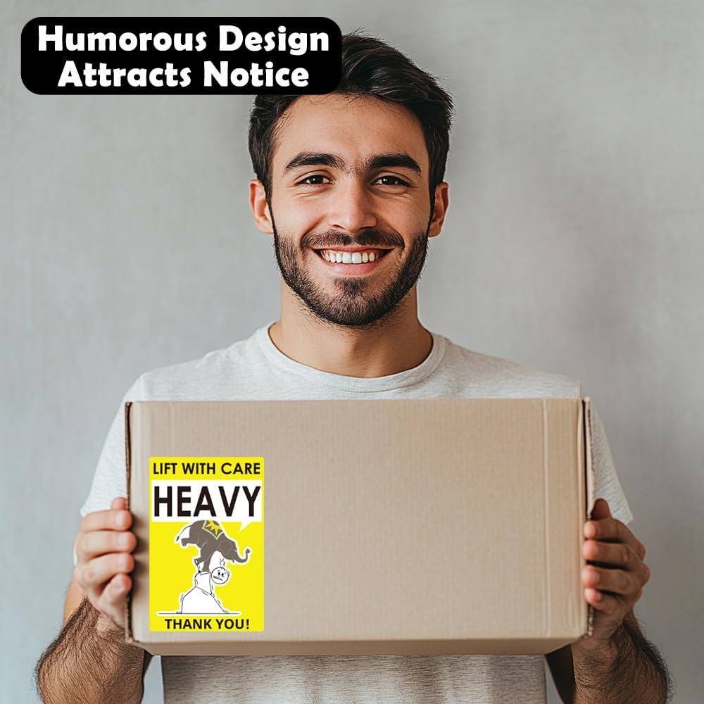 3x2 Inch Heavy Lift with Care Stickers, Strong Adhesive Labels for Shipping, Funny Skeleton & Elephant Design