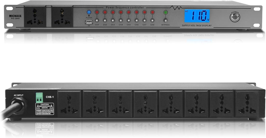 Rack Mount Power Conditioner 20A Sequencer for Audio Equipment, 10 Outlets 2000W Power Supply with 8 Independent