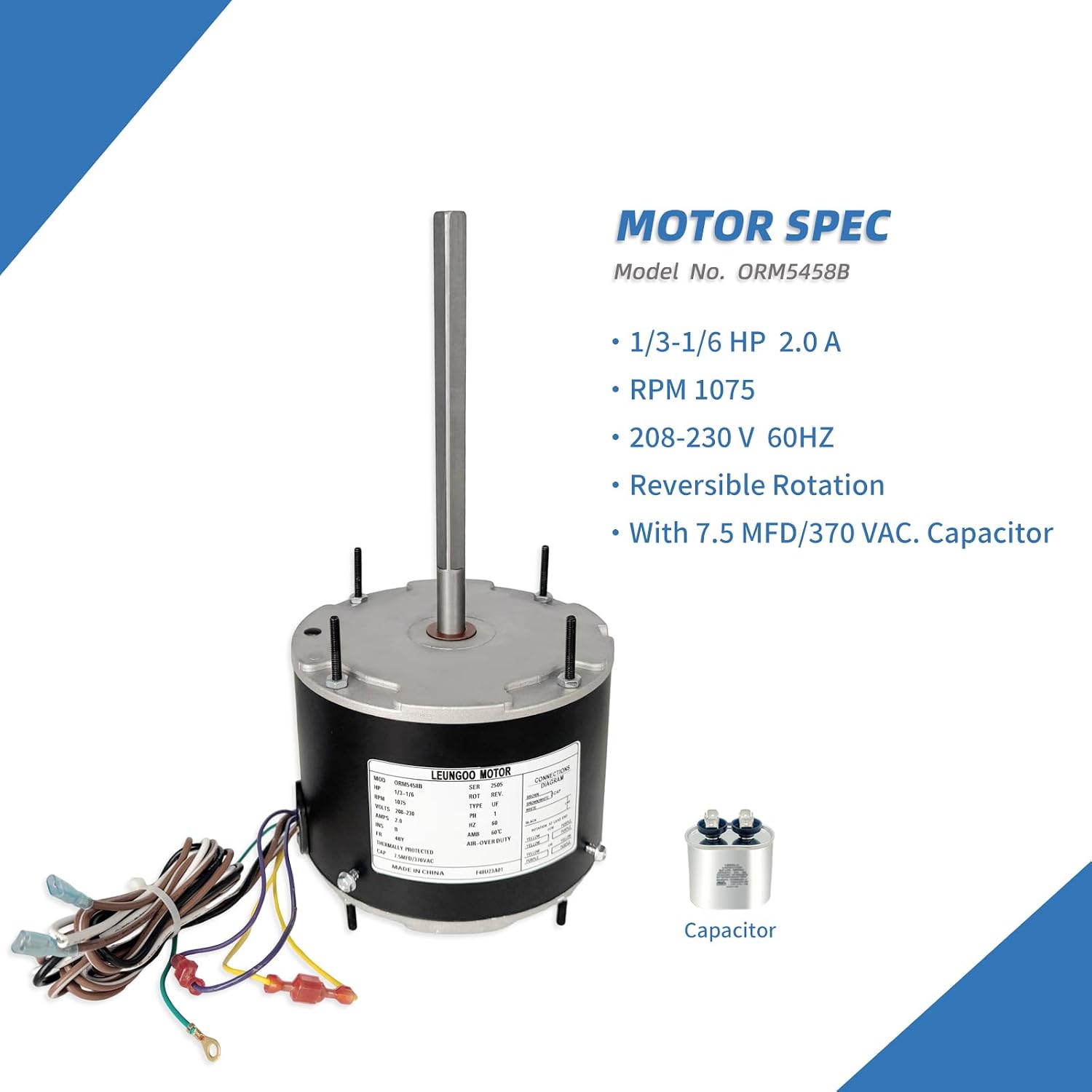 ORM5458 Condenser Fan Motor Replaces A.O. Smith Century ORM5458 1/3-1/6HP | Multi-Horsepower Blower Fan Motor