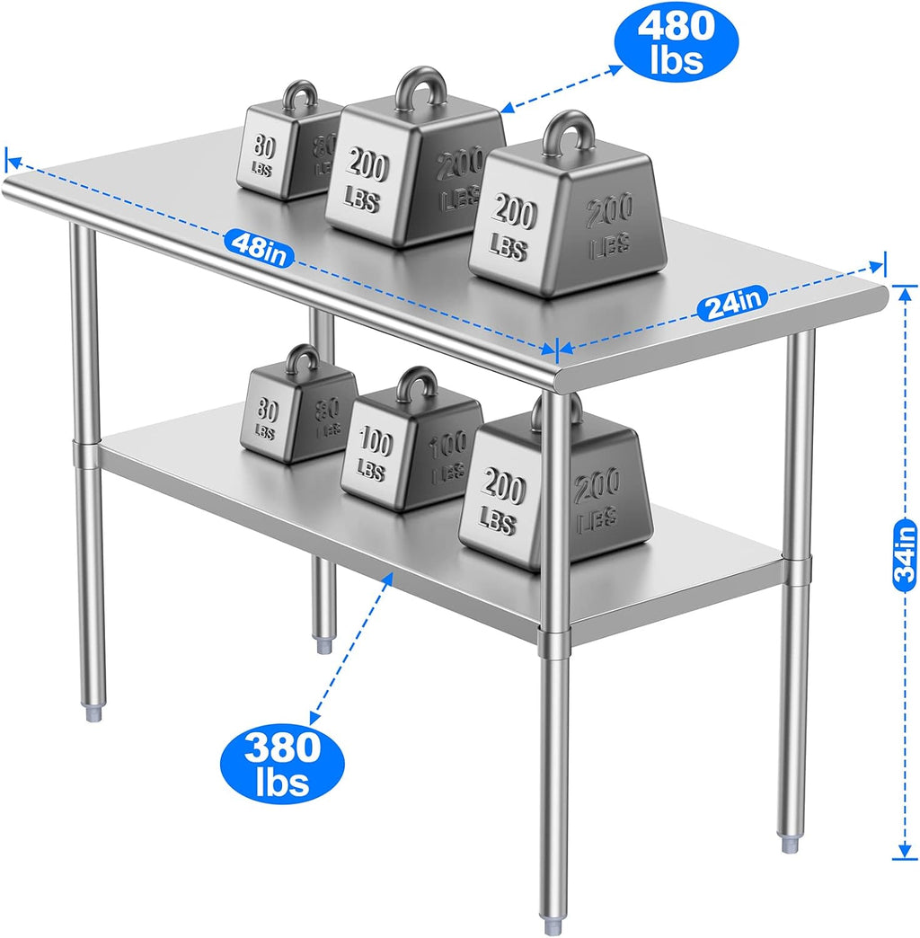 Stainless Steel Table for Prep & Work, 24x48 Inches, Metal Commercial Heavy Duty Table with Adjustable Under Shelf