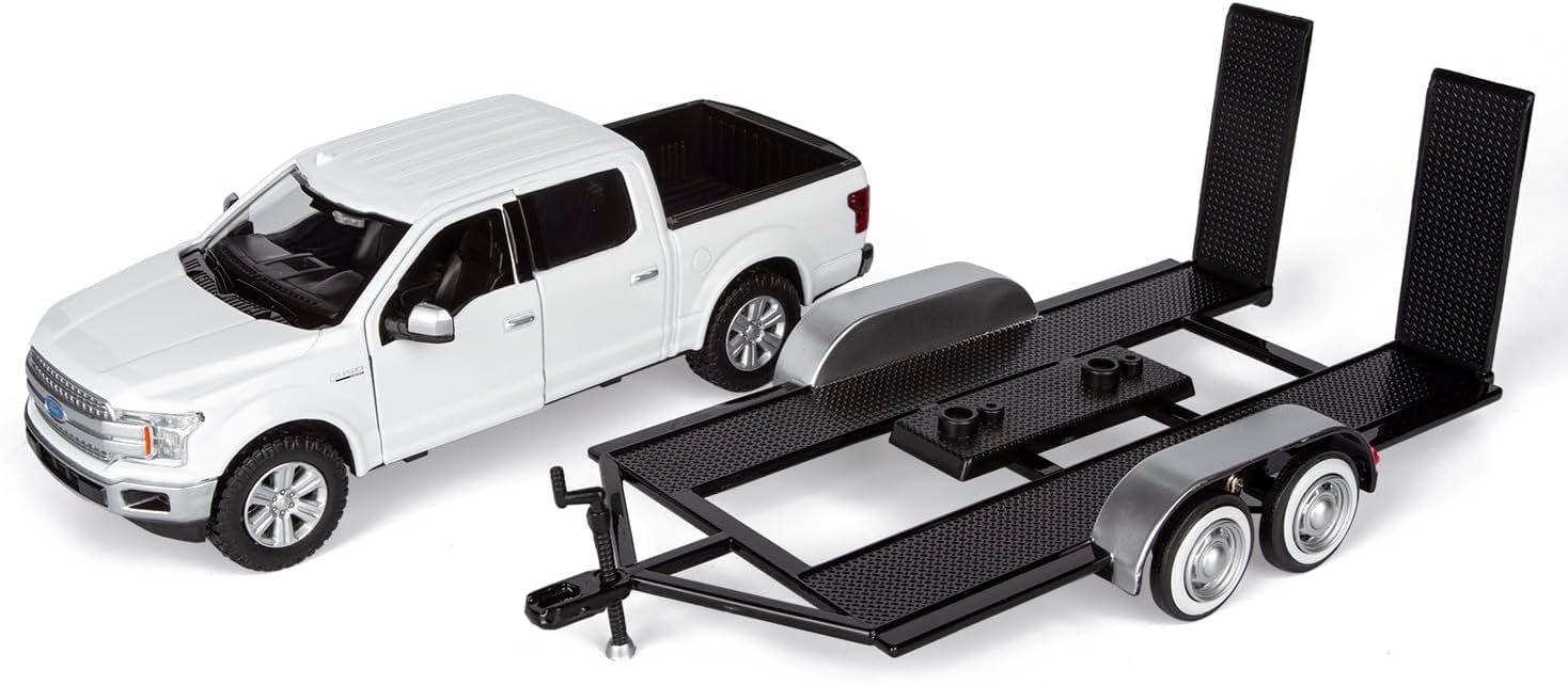 2019 Ford F-150 Lariat Crew Cab Pickup Truck with a Car Hauler, Truck & Tow Trailer Combo - 1/27 Scale Diecast Model
