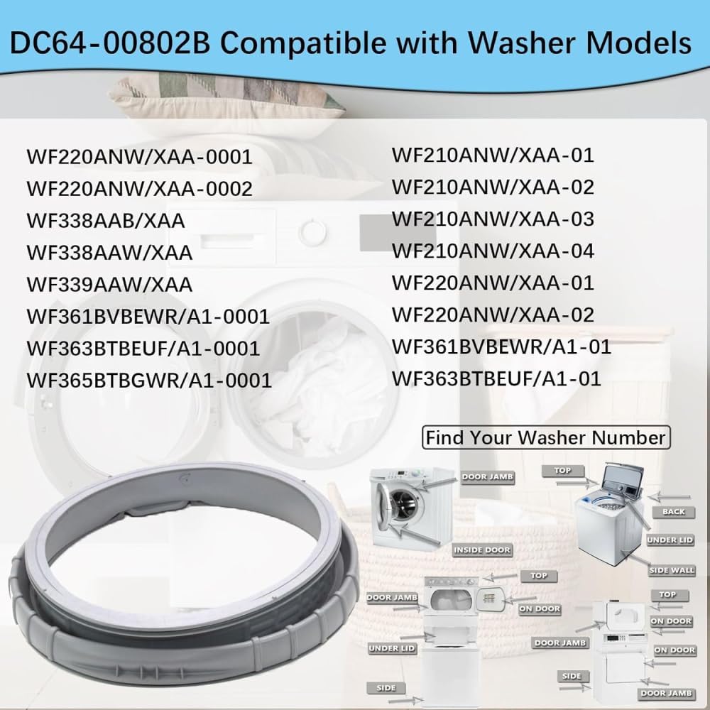 DC64-00802B Washer Door Boot Seal Gasket – Compatible Replacement for Samsung Front Load Washers WF220ANW/XAA, WF338AAB/XAA, WF339AAW/XAA, WF361BVBEWR/A1, Replaces PS4210921, AP4342944, 2071562