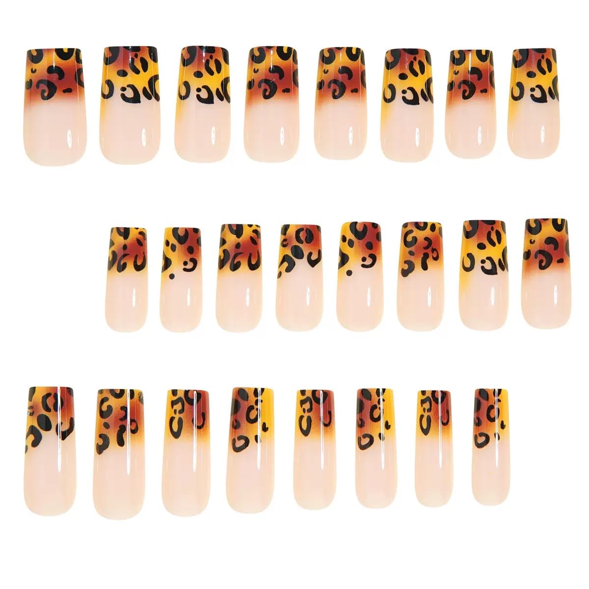 Medium Press on Coffin Nails - Brown Fake Nails with Leopard Print Design - Ombre, Winter False Nails Press ons
