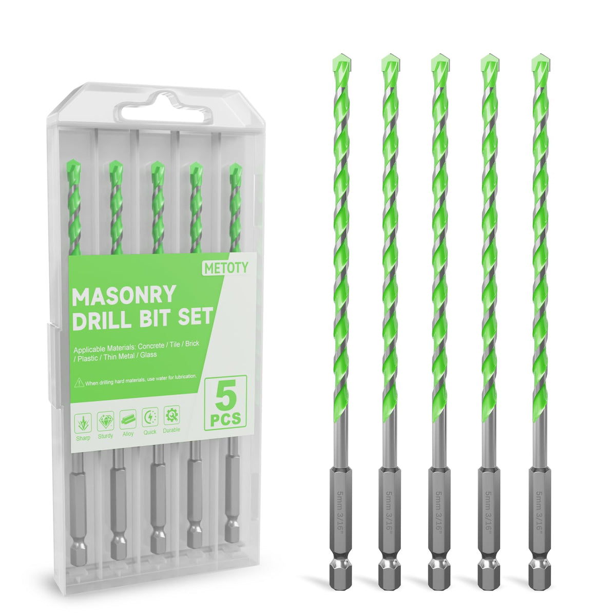 5 Pack 3/16 inch Masonry Drill Bit Set - Carbide Tip Hex Shank Concrete Drill Bits for Brick, Tile, Cement, Glass & Plastic