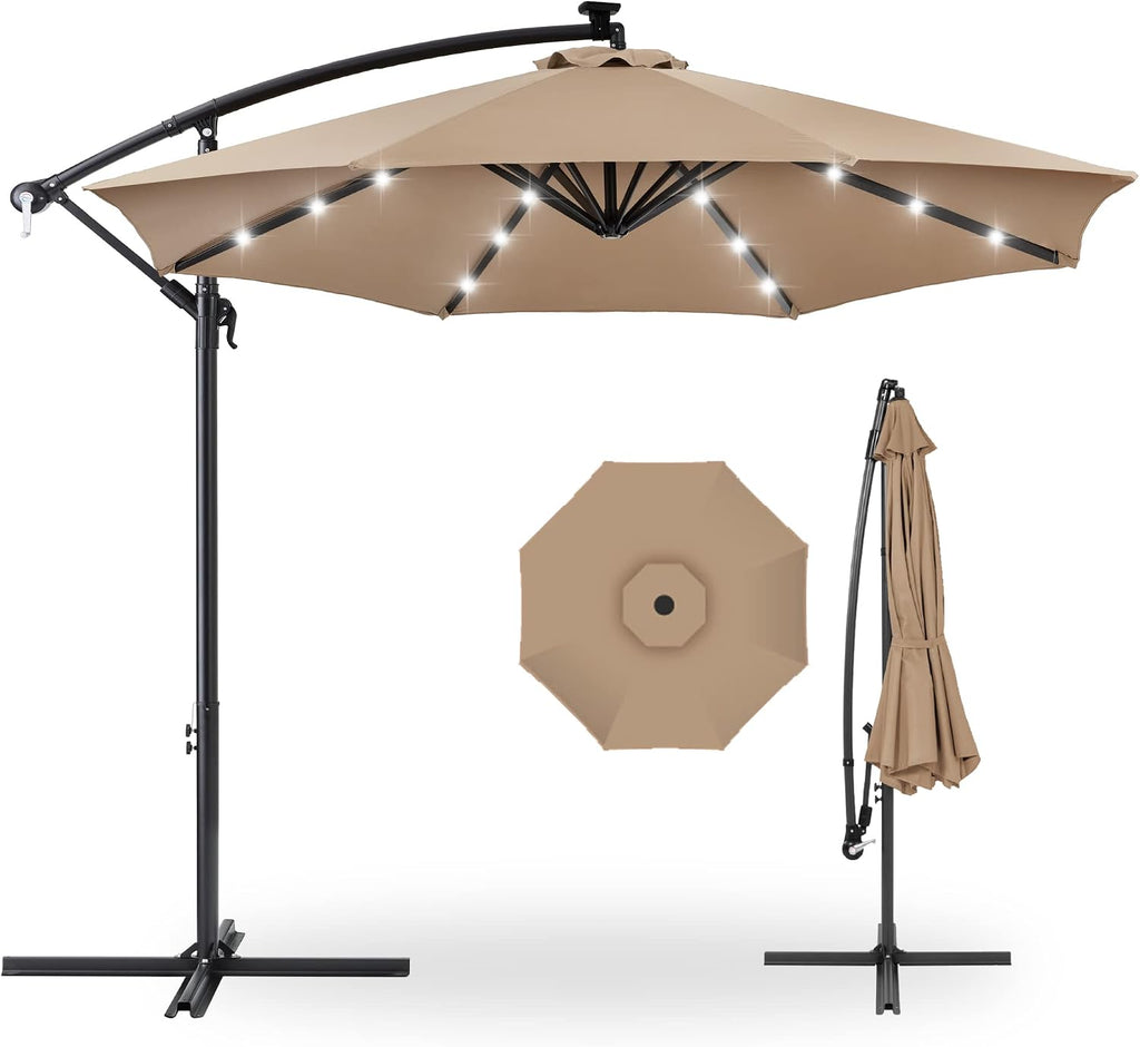 10ft Solar LED Offset Cantilever Hanging Market Patio Umbrella, 8 Sturdy Ribs, Easy Adjustment - Tan