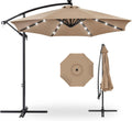 10ft Solar LED Offset Cantilever Hanging Market Patio Umbrella, 8 Sturdy Ribs, Easy Adjustment - Tan