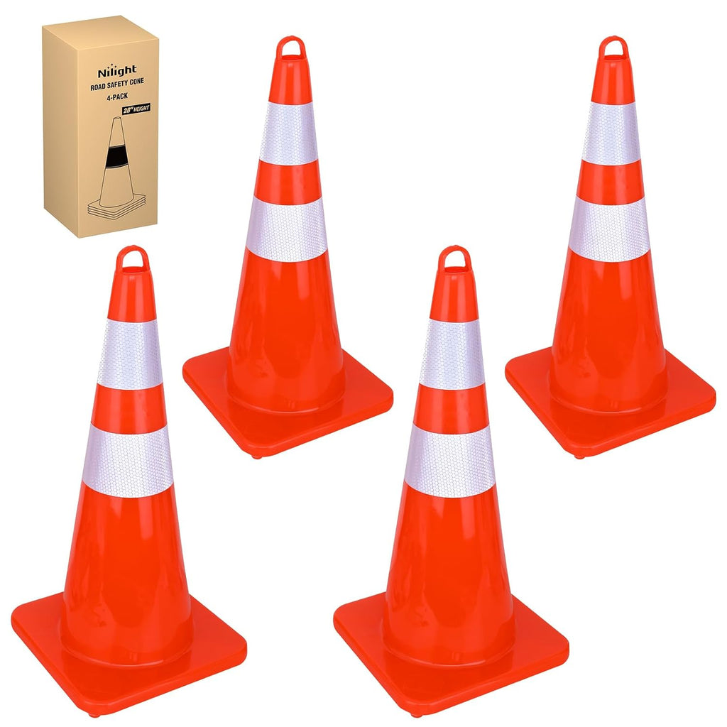 28 Inch PVC Traffic Safety Cones, 4-Pack | Flexible PVC Construction, With Reflective Collars, Ideal for Road Safety