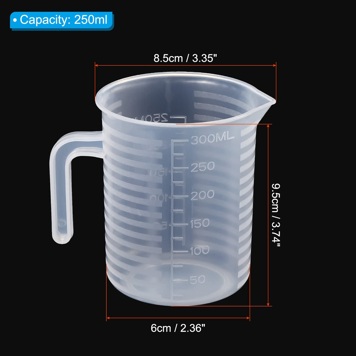 Graduated Beaker, 250ml PP Plastic Liquid Measuring Cup Double Sided Graduations with Handle Lid and Spout for Lab