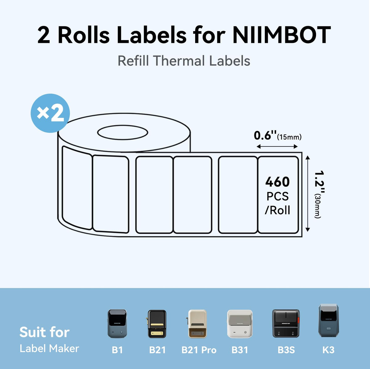 2 Roll Thermal Labels for B1/B21/B31/B3S, 1.2'' x 0.6'' x 2, White