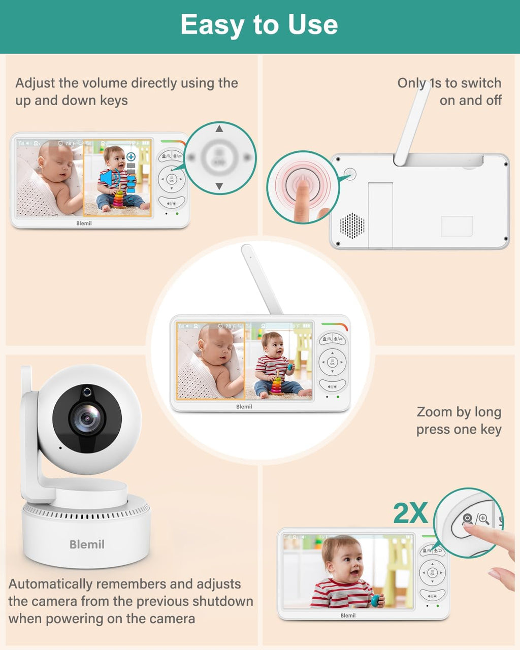 6" Split Screen Video Baby Monitor with 2 Cameras, 4000mAh Battery | Baby Monitor No WiFi, Remote Pan-Tilt-Zoom