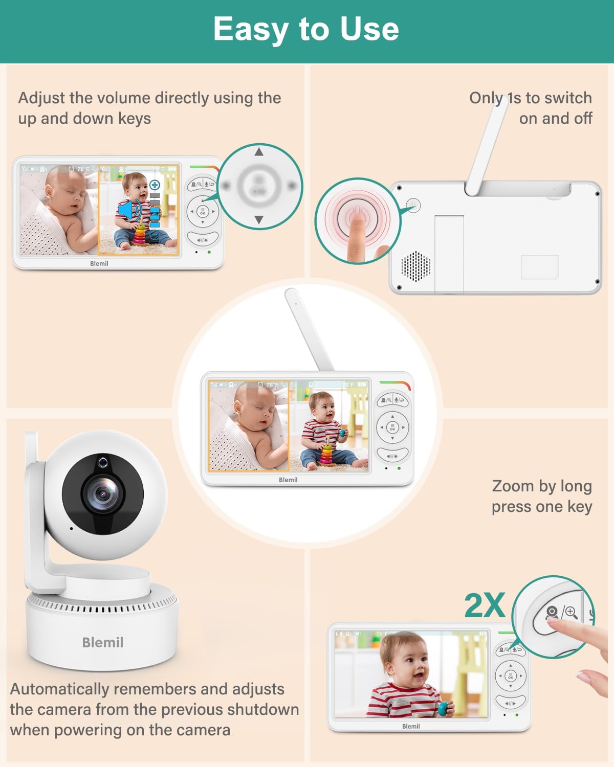 6" Split Screen Video Baby Monitor with 2 Cameras, 4000mAh Battery | Baby Monitor No WiFi, Remote Pan-Tilt-Zoom