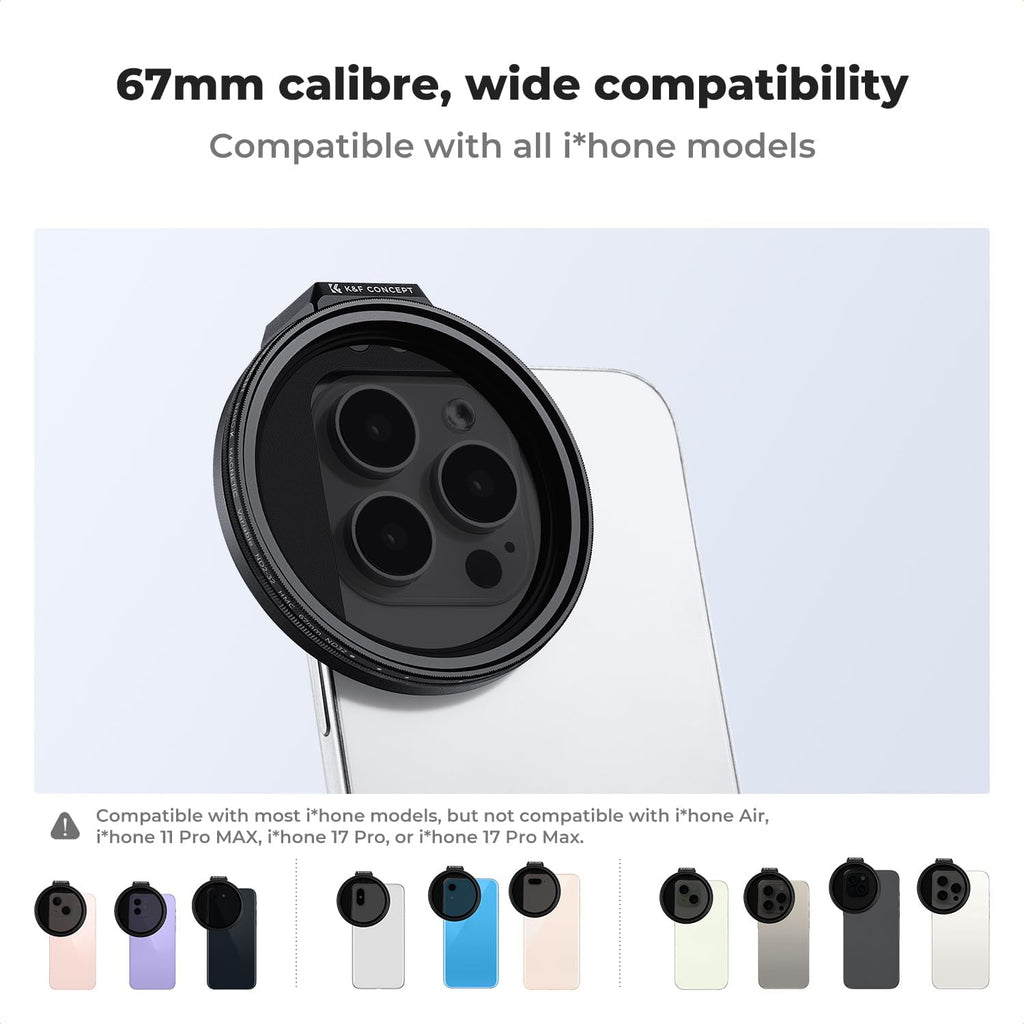 Clip On 67mm Variable ND2-32 Magnetic Phone Lens Filter Kit | Magnetic Adapter Ring/Cold Shoe/Locking Knob, Neutral