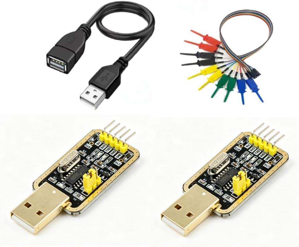 2-Pack USB to TTL Serial Adapter with 1m Cable & 10 Test Clips, CH340G USB to UART Converter Module for Microcontroller Programming, Development Board & Router Flashing