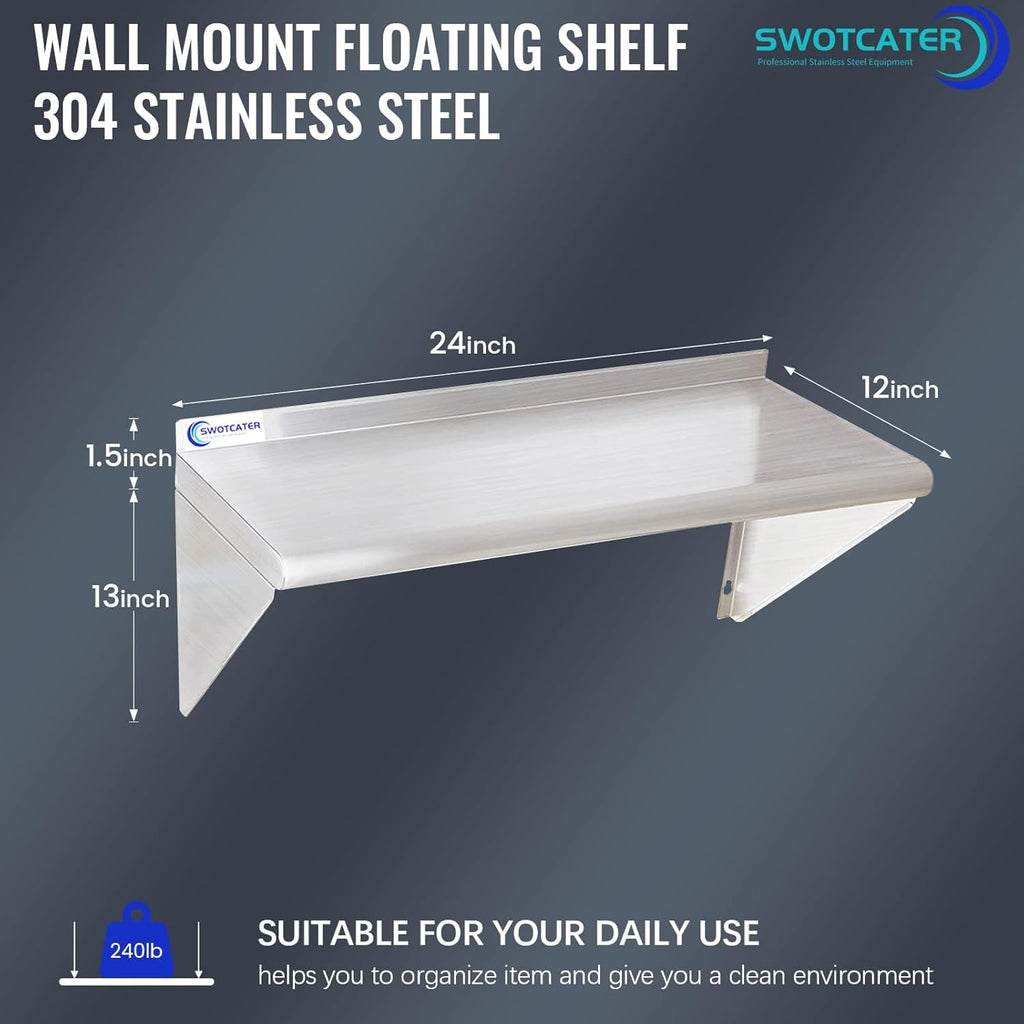 Stainless Steel Shelf 2 Pack 12"x24", Wall Mounted Metal Shelves