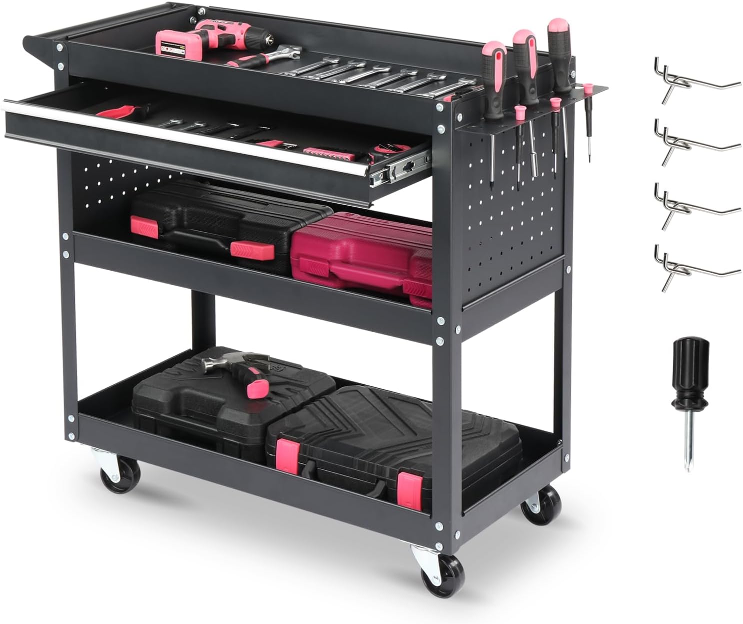 3-Tier Rolling Tool Cart, Heavy Duty Utility Industrial Service Cart on Wheels, with Locked Drawers, for Workshop