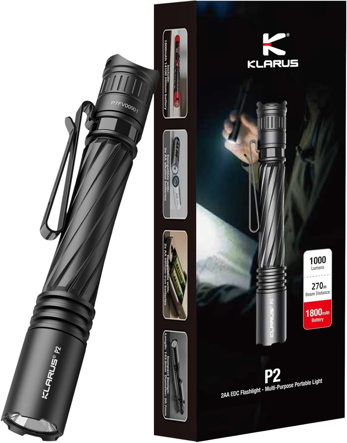P2 Tactical Pen Light, 1000 Lumens 886ft Throw, USB-C Rechargeable or 2AA Compatible, IPX8 Waterproof Small EDC