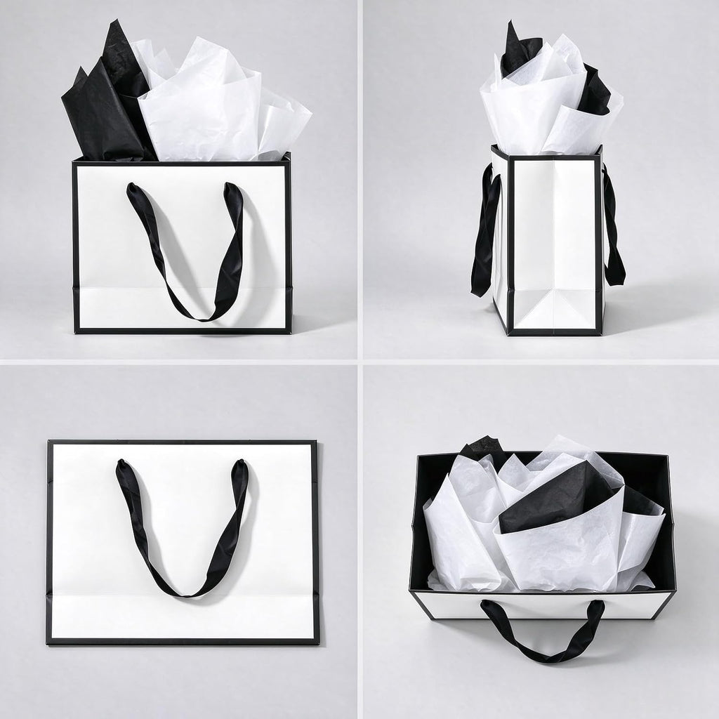 Small White & Black Gift Bags with Handles and Tissue Paper, 4 Pack