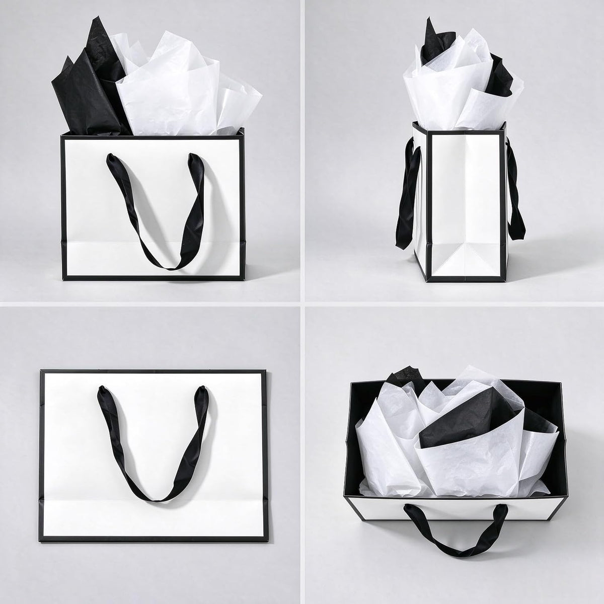 Small White & Black Gift Bags with Handles and Tissue Paper, 4 Pack