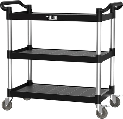 Plastic Service Utility Cart with Wheels,Heavy Duty 450lbs Capacity, 3-Tier Commercial Rolling, Ideal for Restaurant