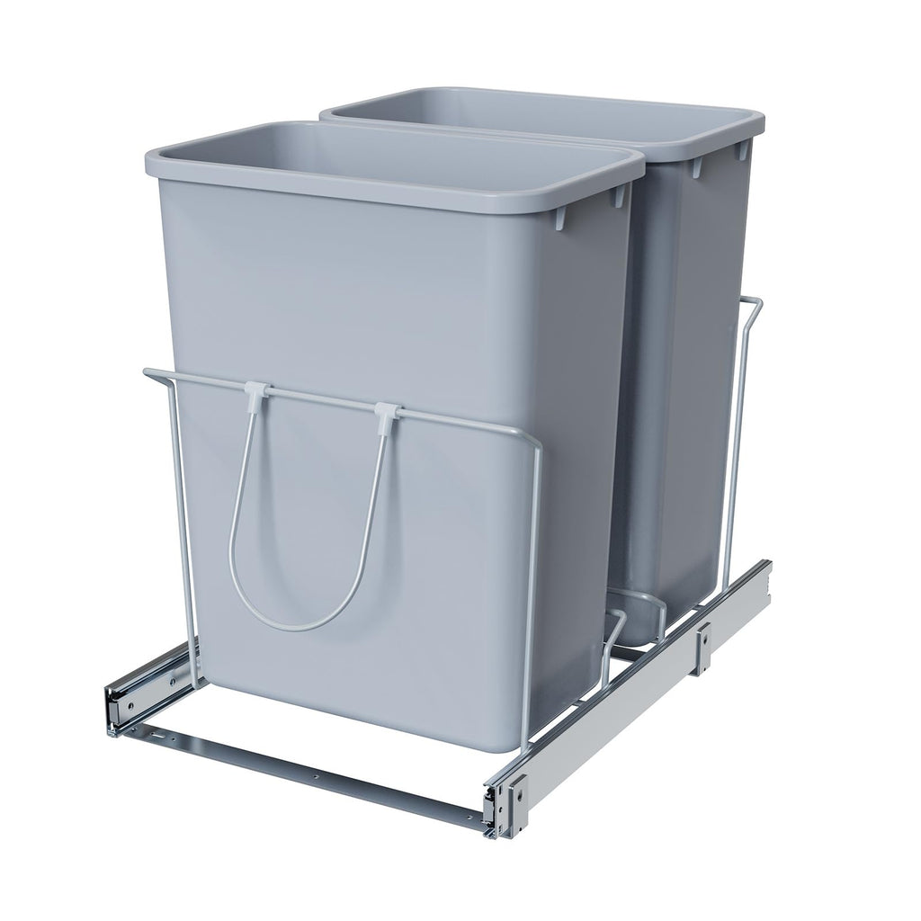 Double Pull-Out Trash Can, 35QT Under-Cabinet Kitchen Bin, Metal Frame, Grey, Fits Above 18” Opening Cabinets