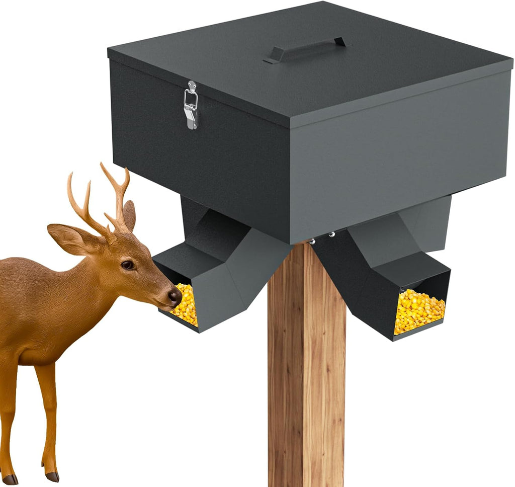 Portable 80LB Gravity Deer Feeder, Heavy Duty Metal Wildlife Feeder with 4 Feeding Ports, Weatherproof for Hunting &