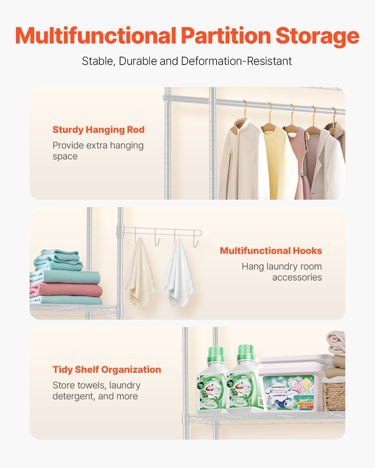 Over the Washer and Dryer Storage Shelf, 6 Tier Laundry Room Drying Rack with Hanger Rod and Hooks, Adjustable Over