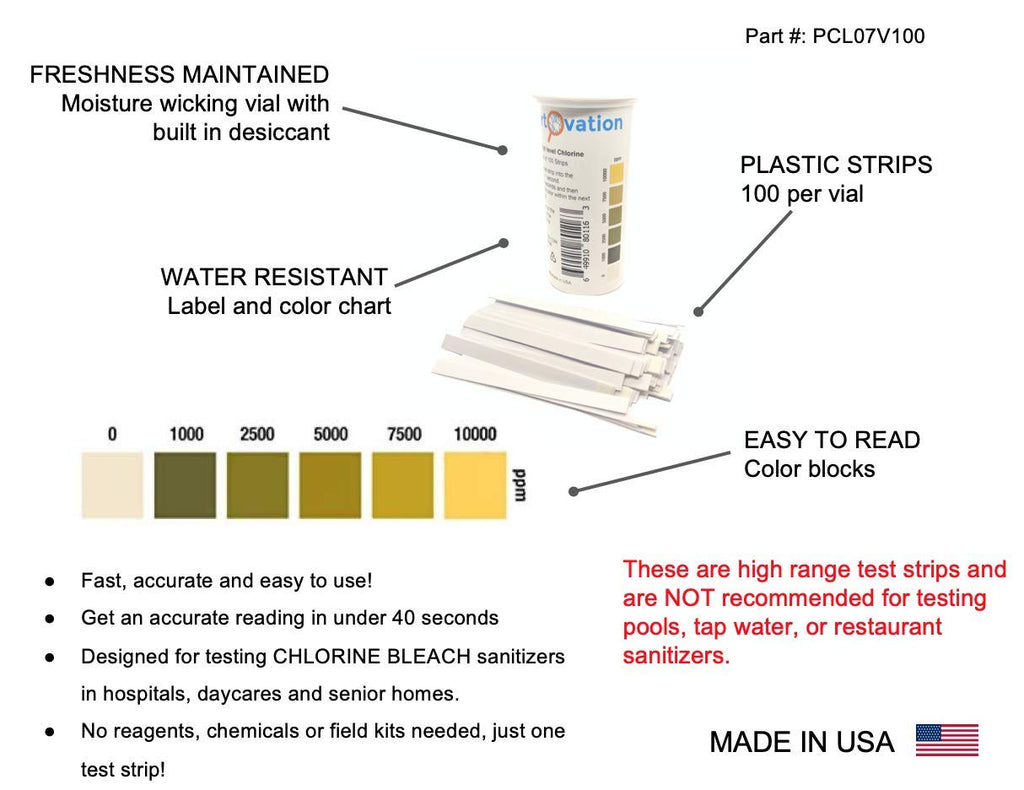 Extra High-Level Chlorine Test Strips, 0-10,000 ppm, 100 Strips