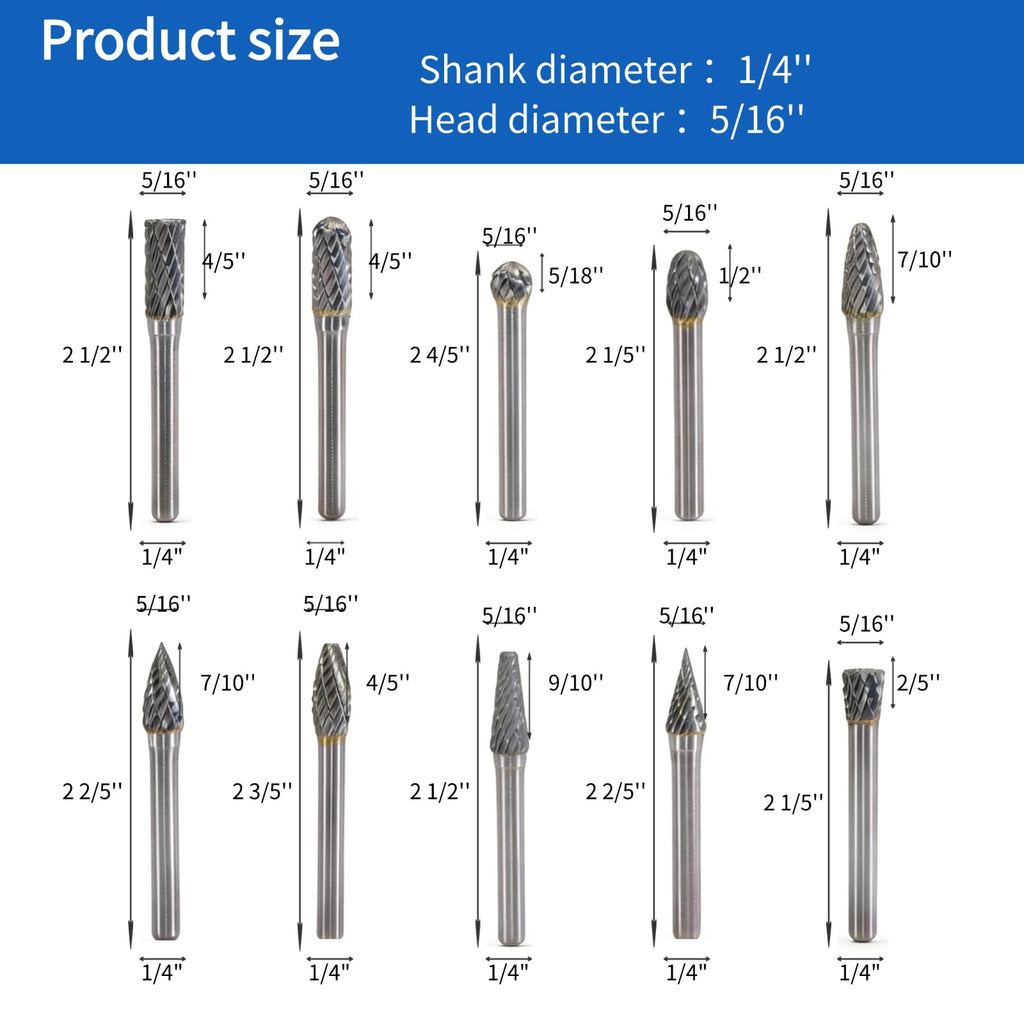 SKWOTZKOFF 10PCS Carbide Burr Set 1/4" Shank 5/16" Head Die Grinder Bits
