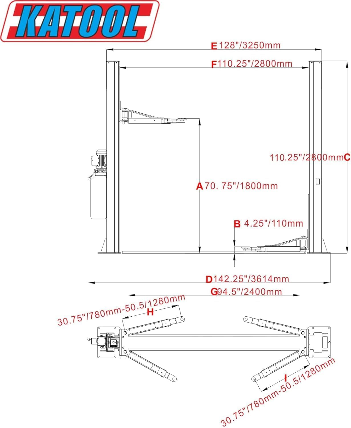 KT-H100 2 Post Lift 10,000 lb Capacity 220V Double S Design Two Post Lift for Cars and Trucks (KT-H100Y)