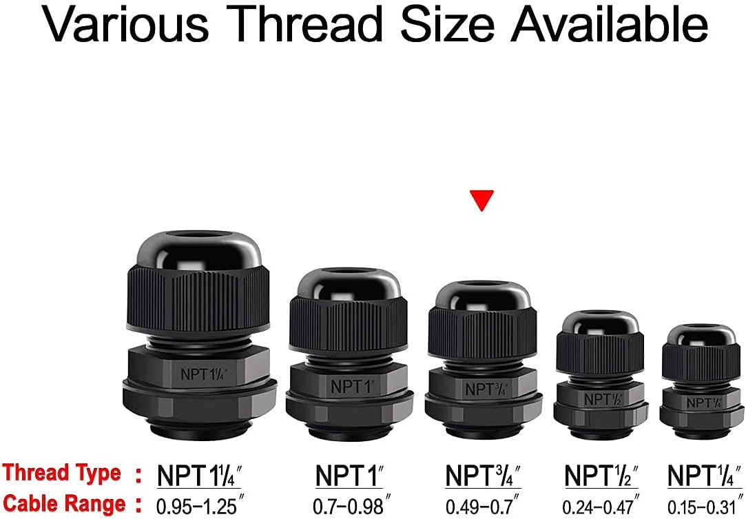 LeMotech 5 Pack NPT 3/4" Cable Glands Waterproof Adjustable 12.5-18mm Cable Connectors Black Nylon Joints with Gaskets