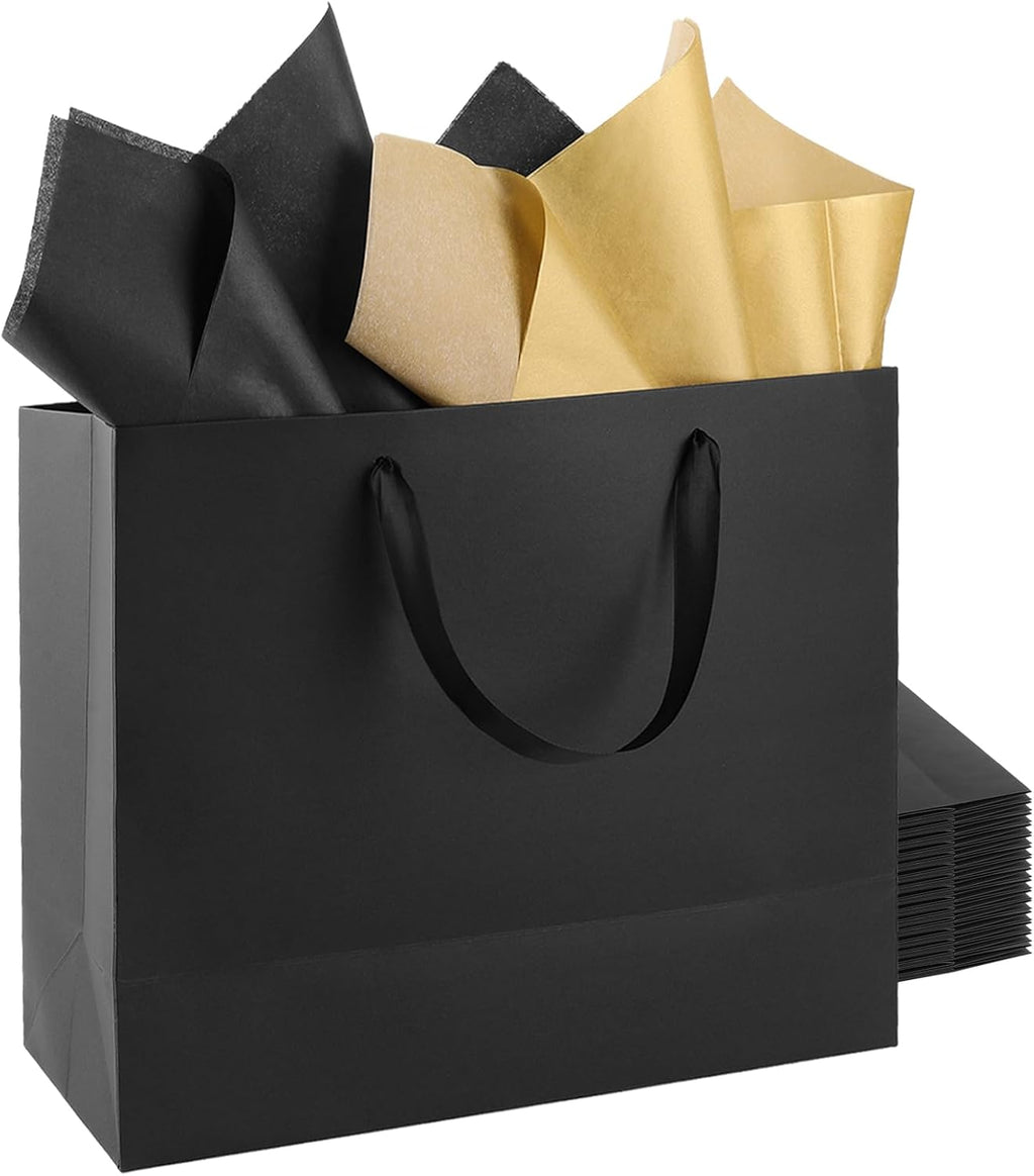 12 Pack Extra Large Black Gift Bags with Handles & 24 Tissue Papers