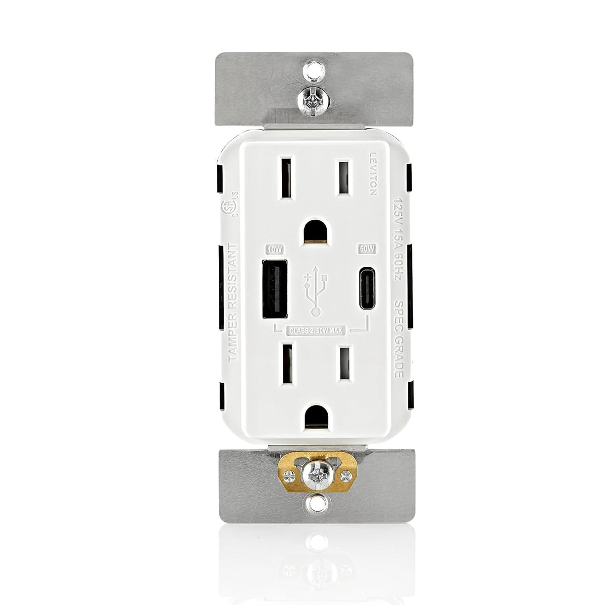 Leviton Decora 60W USB-A/C PD Wall Outlet, 15A TR Receptacle AC1P6-W White