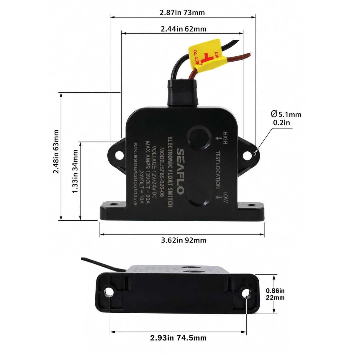 SEAFLO Electric Field Bilge Switch - 12V/24V, 20A at 12V or 10A at 24V, Automatic Water Level Sensor Switch, No Float, Solid State Bilge Pump Switch, Marine Boat, SFBS-20-06, 4-Year Warranty