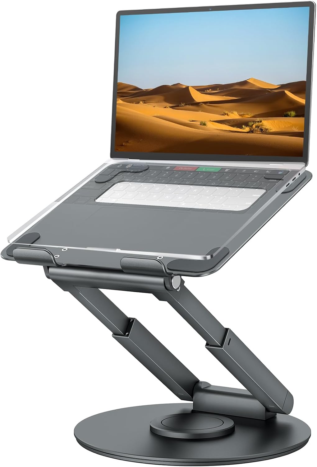 Telescopic Laptop Stand for Desk with 360° Swivel Base, Sit to Stand, Height Adjustable, Portable Riser Holder for