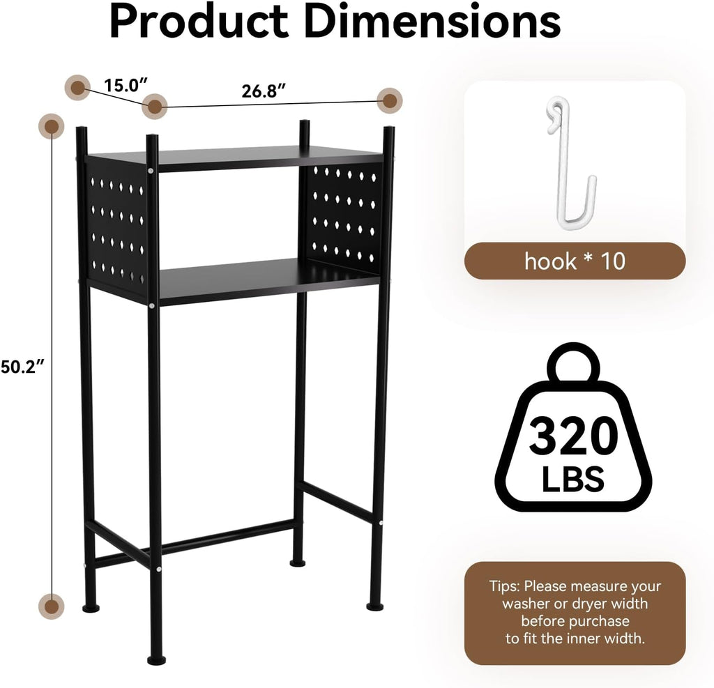 Over Bathroom & Laundry Storage Shelf, Laundry Rack with Pegboard and Hooks